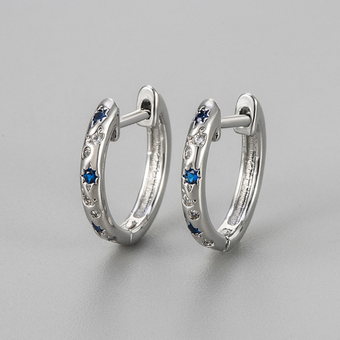 Simple Blue Star Moon Zircon Earrings Simple Stud Fashion Niche Versatile Micro Inlaid Ear Clips New Style
