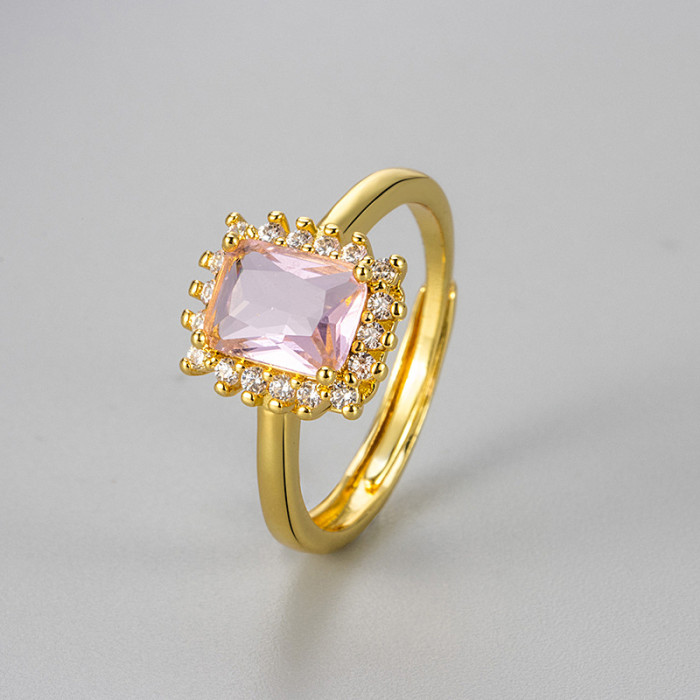 Cross-Border Hot-Selling Square Colorful Zircon Ring for Women, Elegant Versatile Adjustable Open Vintage Design Index Finger Ring