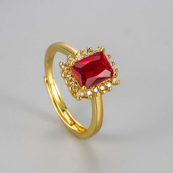 Cross-Border Hot-Selling Square Colorful Zircon Ring for Women, Elegant Versatile Adjustable Open Vintage Design Index Finger Ring