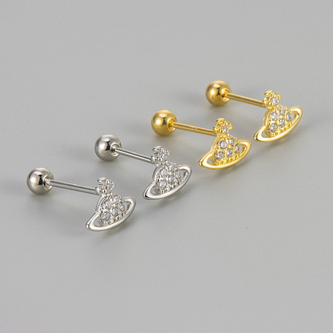 Micro Pave Saturn Zircon Screw Twist Earrings New Exquisite Ear Bone Studs Female Planet Earrings Light Luxury High-end Sense of Temperament