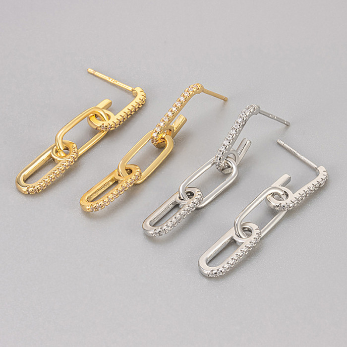 Korean Version Design Minimalist Style Micro Inlaid Zirconia Spliced Chain Earrings for Women Exquisite Temperament V...