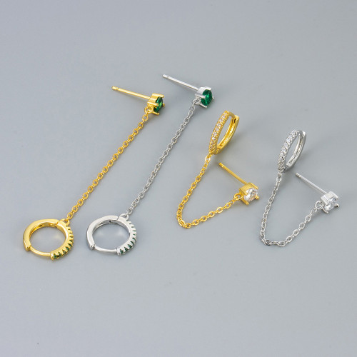 Cross-Border Diamond Tassel Hoop Earrings Single Diamond Chain Connected Stud Earrings for Women European and American Style Fashionable Unique Niche Earrings for Women