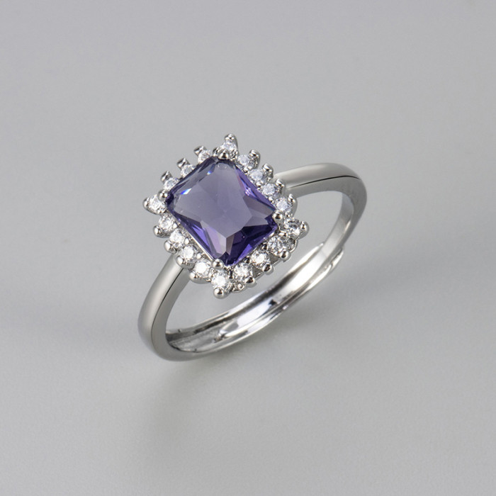Cross-Border Hot-Selling Square Colorful Zircon Ring for Women, Elegant Versatile Adjustable Open Vintage Design Index Finger Ring