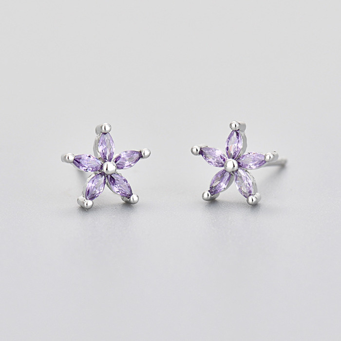 Colorful Stone Five-Petal Flower Marquise Stone Earrings for Women Flower Zircon Niche Design Trendy Stone-Inlaid...
