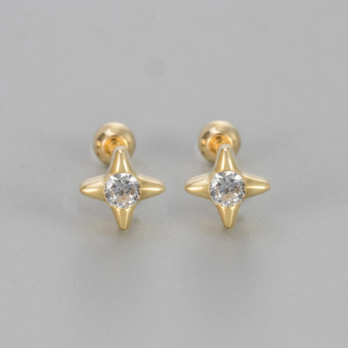 New Four-Pointed Star Screw Back Stud Earrings Simple and Petite Diamond-Studded Four-Pointed Star Sleep-Friendly No-Remove Earrings Jewelry