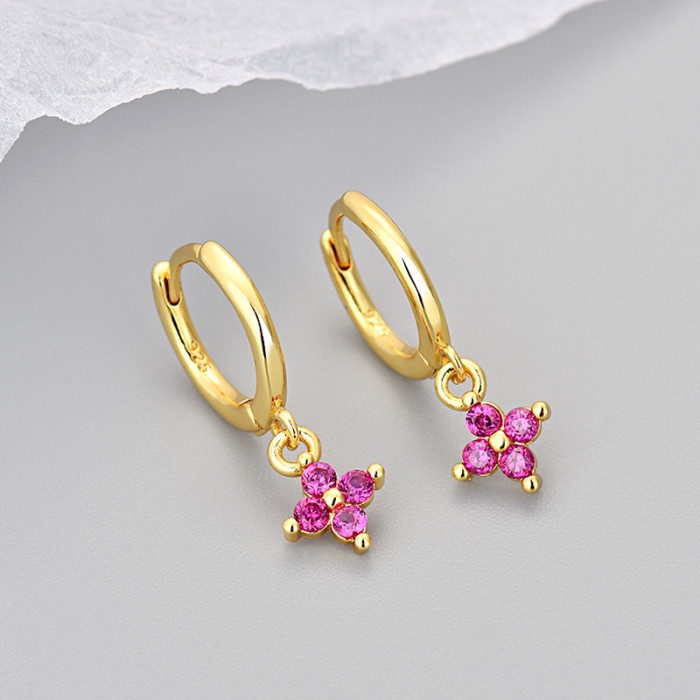 Stone-Inlaid Four-Leaf Flower Earrings for Women Geometric Flower French Fashion Sweet Versatile Earrings French Li...