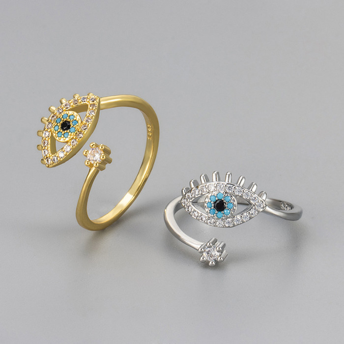 Cross-Border New European and American Fashion Accessories Devil's Eye Ring with Inlaid Diamonds Open Simple Design Sense Versatile Exquisite