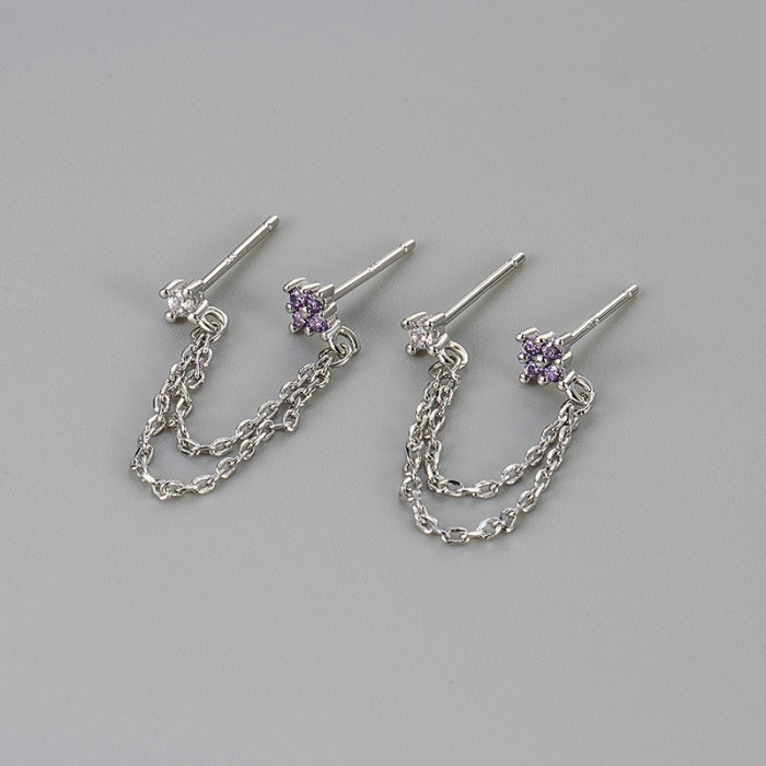 European and American Cross-Border Zircon Double Ear Hole Earrings Chain Ear Pendant Niche Design Unique Personality Factory Direct Sale Earrings for Women
