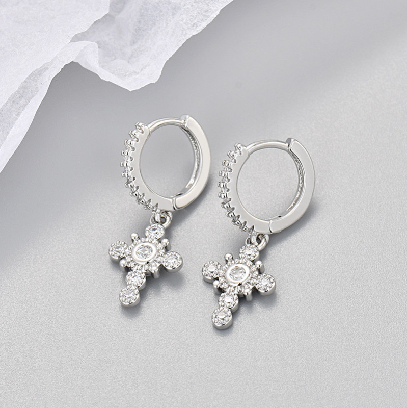 Amazon European and American Fashion Diamond-Studded Cross Earrings Elegant French Retro Trendy Earrings Manufacturer Wholesale Exquisite