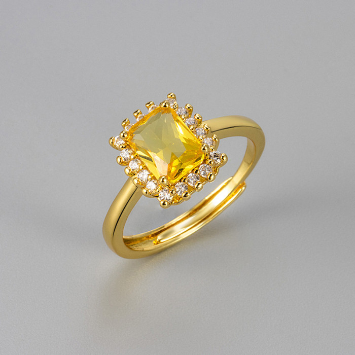 Cross-Border Hot-Selling Square Colorful Zircon Ring for Women, Elegant Versatile Adjustable Open Vintage Design Index Finger Ring