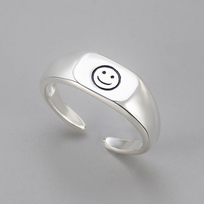 Korean Style Elegant Versatile Niche Design Smiley Face Index Finger Ring Fashion Open Ring Simple Ring Women's Accessories European and American