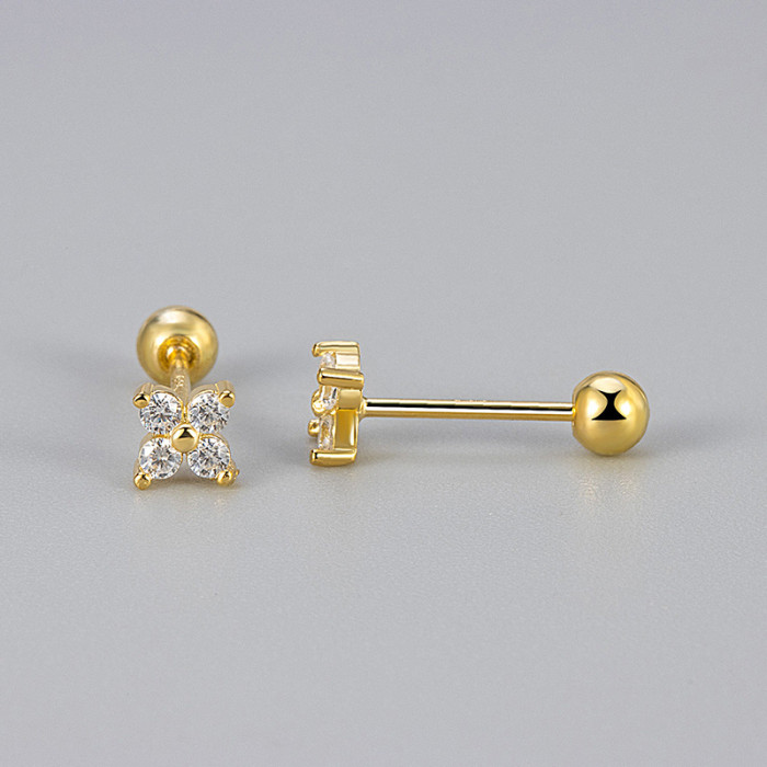 Inlaid Diamond Four-Leaf Flower Earrings for Women, Sleep-Friendly, Screw-On, Ear Bone Studs, Elegant, Fashionable, Light Luxury, High-End Feel Earrings
