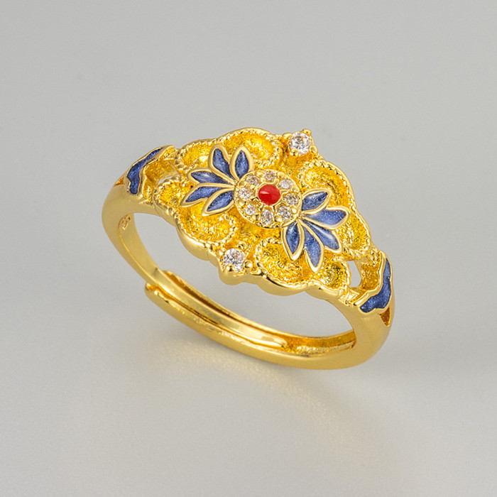 New Chinese Style Enamel Resin Ring Light Luxury High-end Retro Palace Style Exquisite Temperament Versatile Index Finger Ring