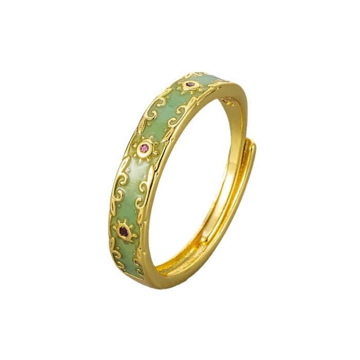 New Ancient Style Peacock Green Enamel Ring with Beautiful Patterns, Niche Design, High-end Feel, Elegant Open Ring f...
