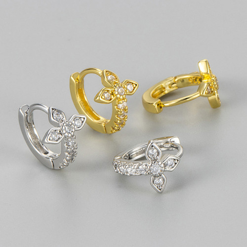 Inlaid Diamond Cross Flower Small Hoop Earrings for Women Exquisite Full Diamond Earrings 2024 New Hot-Selling High-End Light Luxury Stud Earrings