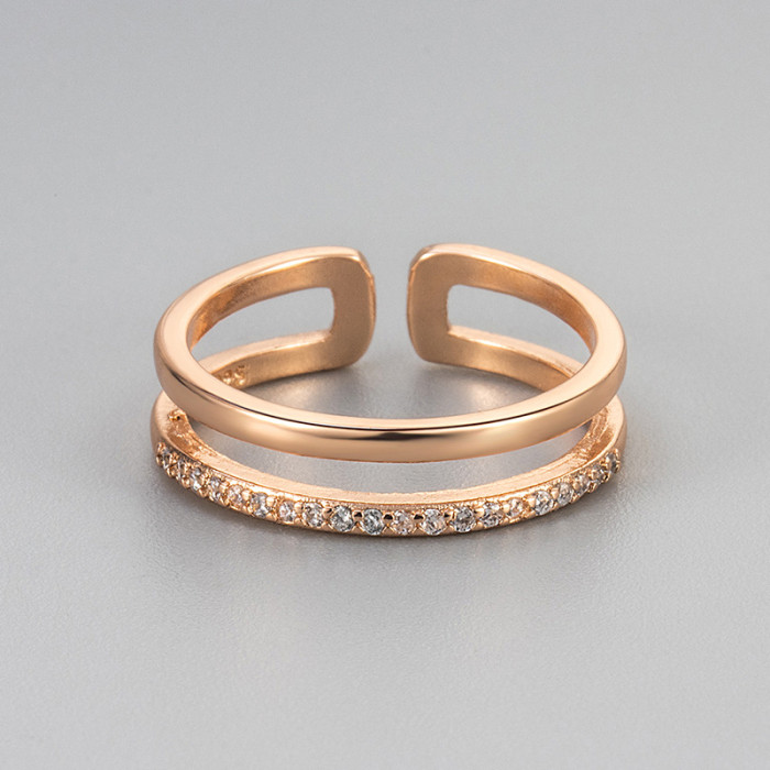 European and American Cross-Border Diamond-Encrusted Geometric Ring for Women, Simple Design, Niche Daily Versatile Double-Layer Open Index Finger Ring