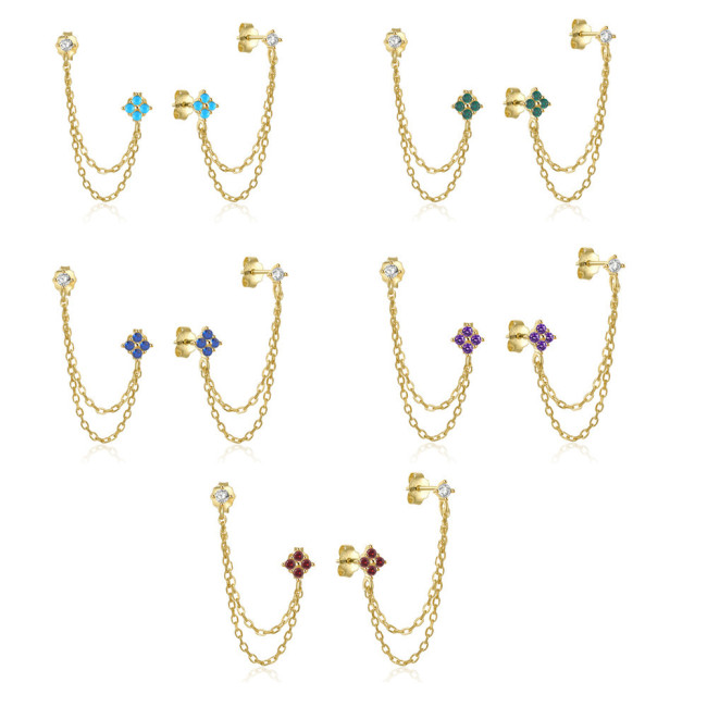 European and American Cross-Border Zircon Double Ear Hole Earrings Chain Ear Pendant Niche Design Unique Personality Factory Direct Sale Earrings for Women