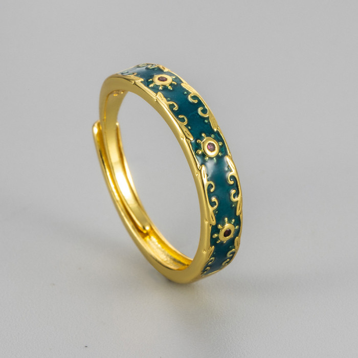 New Ancient Style Peacock Green Enamel Ring with Beautiful Patterns, Niche Design, High-end Feel, Elegant Open Ring f...