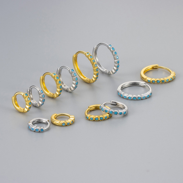 European and American Cross-Border Niche Design Sense Circle Blue Turquoise Row Diamond Inlaid Earrings Daily Versatile Elegant Earrings Wholesale