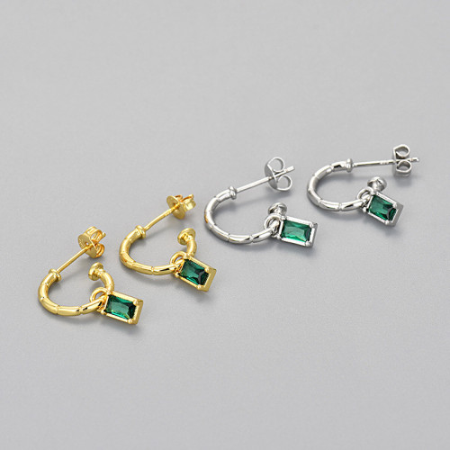 Cross-Border Hot Selling Inlaid Emerald Zircon Earrings C-Shaped Fashion Versatile Earrings Niche Design High-End Feel Ear Jewelry