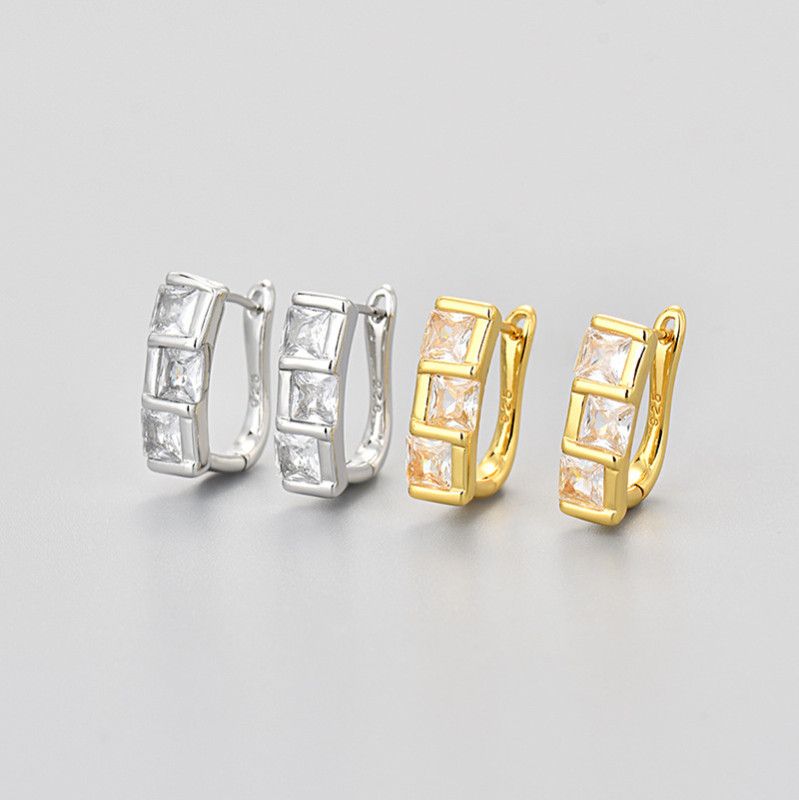 Cross-Border Foreign Trade French Style Diamond-Studded Earrings Ear Buckles European and American Hot Selling Light Luxury Versatile Geometric Simple Square Zircon Earrings