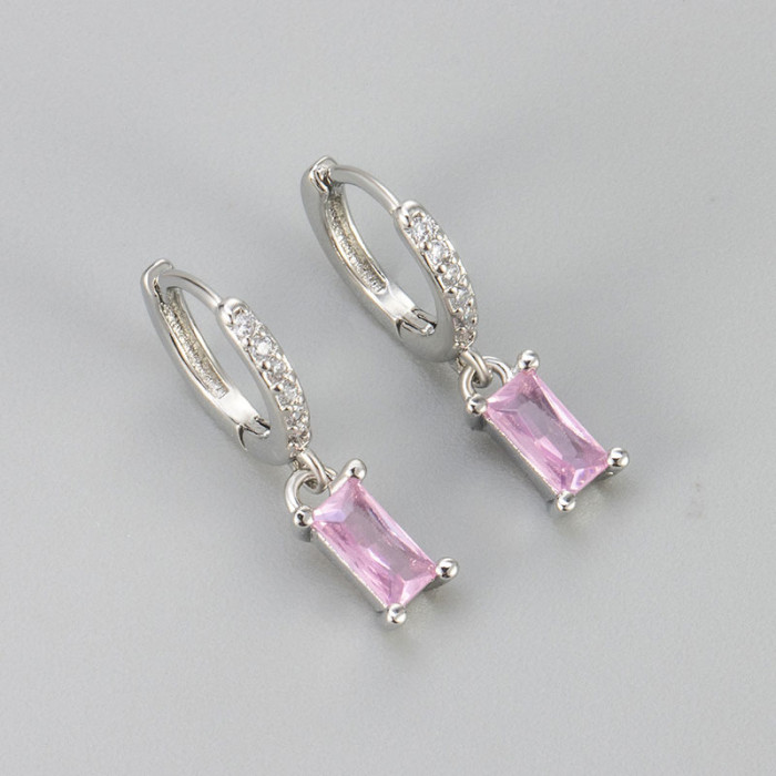 Geometric Stone-Inlaid Rectangular Colorful Zircon Earrings for Women Simple Stone-Inlaid Fashion Hoop Trendy Sty...