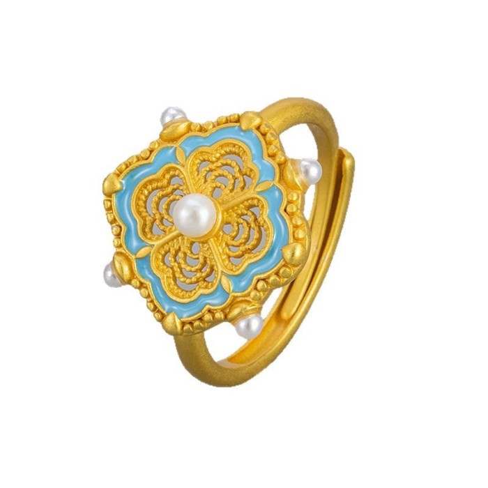 New Chinese Style Filigree Four-Leaf Clover Pearl Ring for Women, Niche Design Enamel Color Index Finger Ring, 2025 New Model Ring