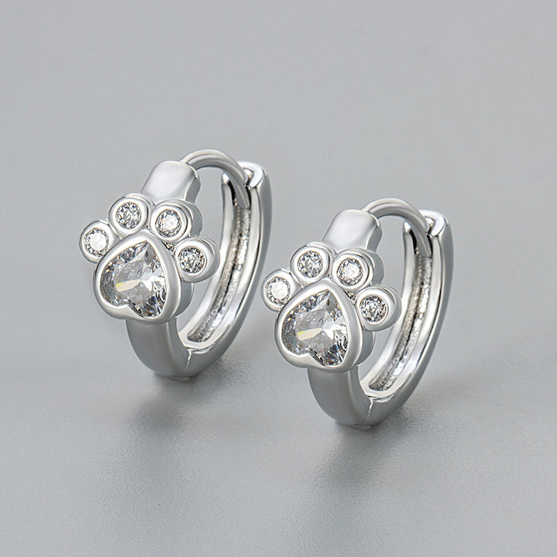 2024 New European and American Cross-Border Niche Design Light Luxury Cute Pet Animal Cat Paw Footprint Zircon Earrings