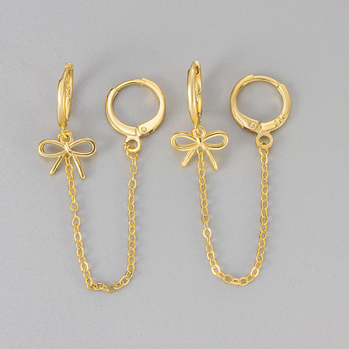 European and American Cross-Border Bowknot Tassel Double Ear Hole Simple Earrings Trendy One-Piece Ear Clip Connected Elegant Long Earrings
