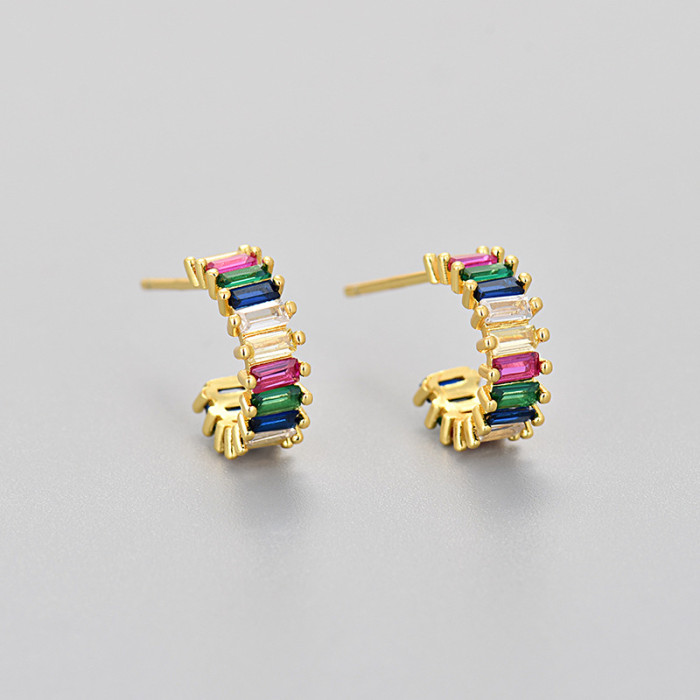 European and American Fashion Export Hot-Selling Sparkling Square Zircon Colorful Diamond Earrings for Women Sweet Personality Fashion High-End Earrings