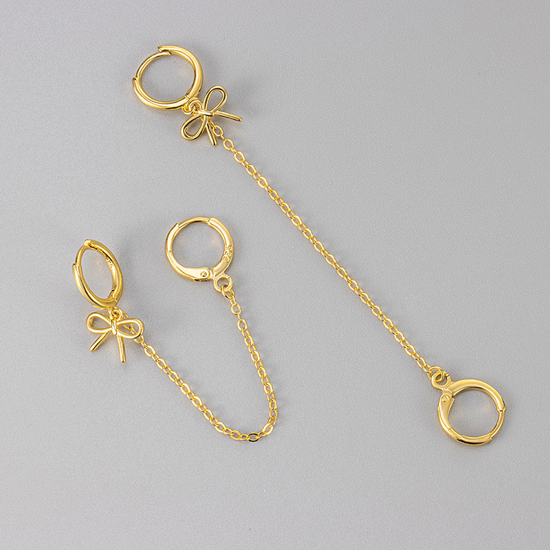 European and American Cross-Border Bowknot Tassel Double Ear Hole Simple Earrings Trendy One-Piece Ear Clip Connected Elegant Long Earrings