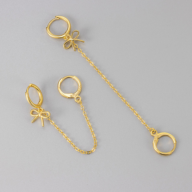 European and American Cross-Border Bowknot Tassel Double Ear Hole Simple Earrings Trendy One-Piece Ear Clip Connected Elegant Long Earrings