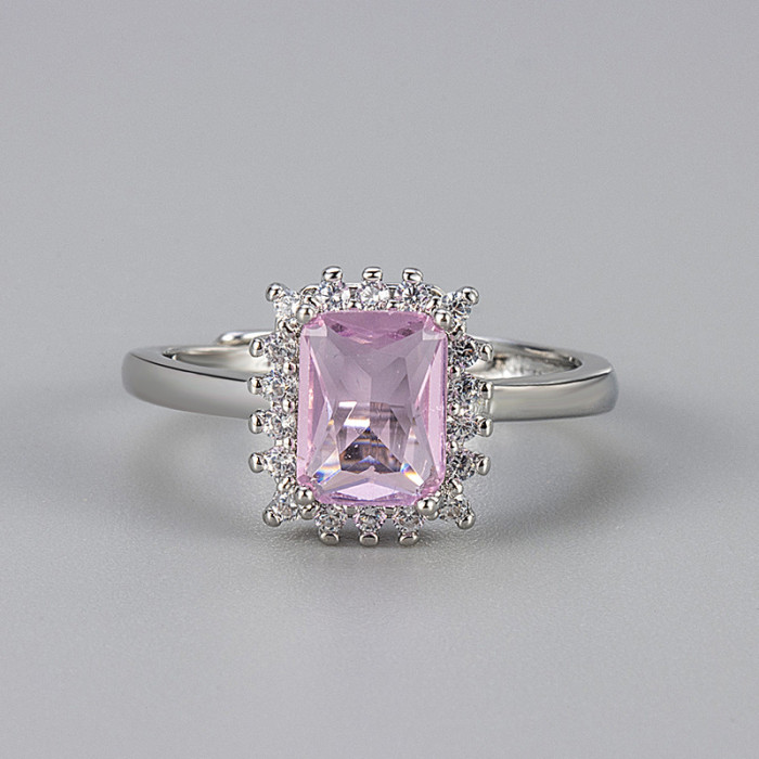 Cross-Border Hot-Selling Square Colorful Zircon Ring for Women, Elegant Versatile Adjustable Open Vintage Design Index Finger Ring
