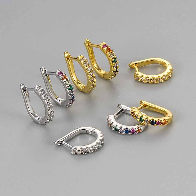 Cross-Border Hot Selling Curved Row Diamond Earrings for Women Fashion Simple Style Inlaid Diamond Hoop Earrings Personality Temperament Ear Jewelry Earrings