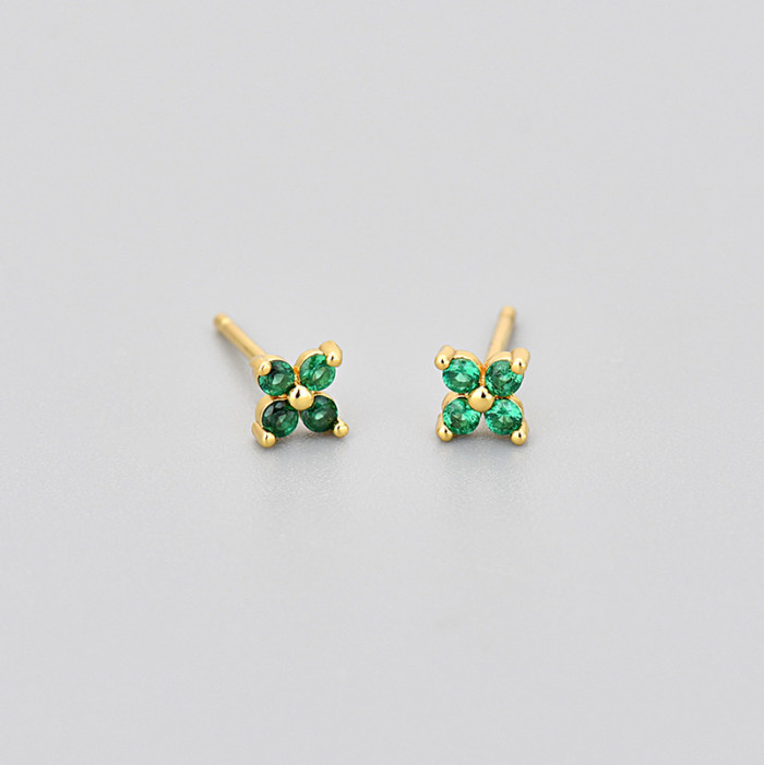 Sweet Four-Leaf Flower Earrings Multi-Colorful Zircon Flower Earrings for Women Small Mini Hot-Selling Direct Sales