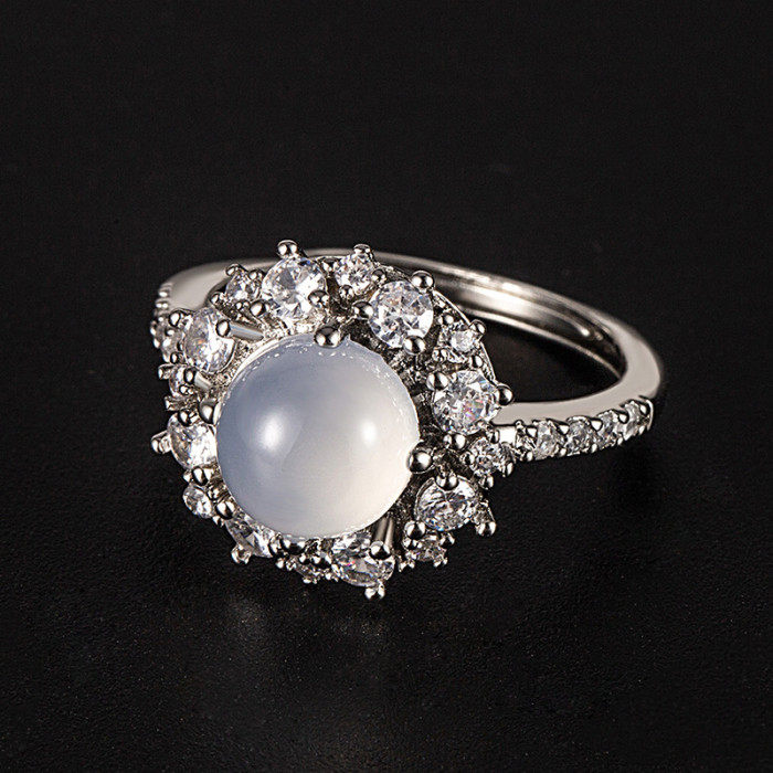 White Chalcedony Ring for Women, Niche Design, Light Luxury, High-End Feel, Adjustable Round Surface Index Finger Rin...
