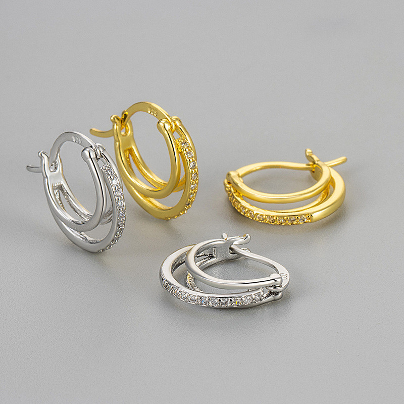 Inlaid Three-Hoop Line Earrings for Women, Simple Versatile Zirconia Stud Earrings, Niche Design Sense, Cross-Border Vintage Earrings