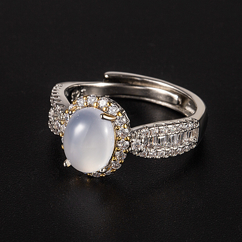 New Open Imitation White Chalcedony Ring Unique Design Tail Ring Elegant High-end Adjustable Women's Fashion Style