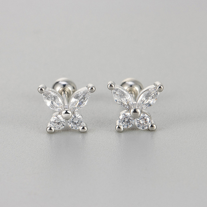 Korean Style Fashion Diamond-Studded Butterfly Earrings Screw Twist Ear Bone Studs Small Simple Niche Versatile Earrings Jewelry for Women
