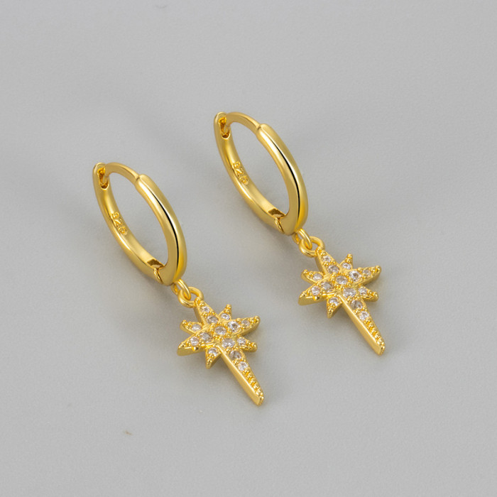 New Long Eight-Pointed Star Earrings Micro Inlaid Zircon Earrings Ear Clips for Women Fashion Korean Version Exquisit...