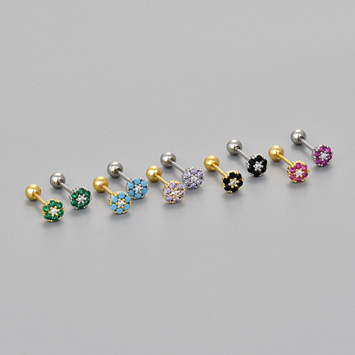 Korean and Japanese Style Colorful Zircon Flower Screw-On Women's Earrings Exquisite Small Fashionable Versatile High-End Ins Style Earrings