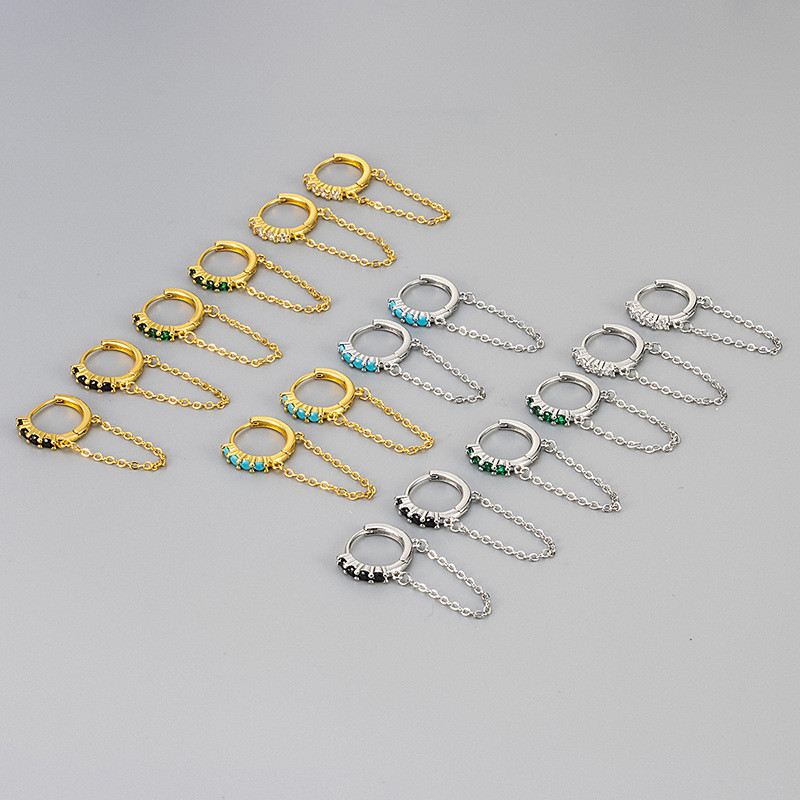 European and American Cross-Border Colorful Zircon Fashion Women's Chain Export Hot-Selling Zircon Inlaid Double Ear Hole Connected Hoop Earrings Jewelry