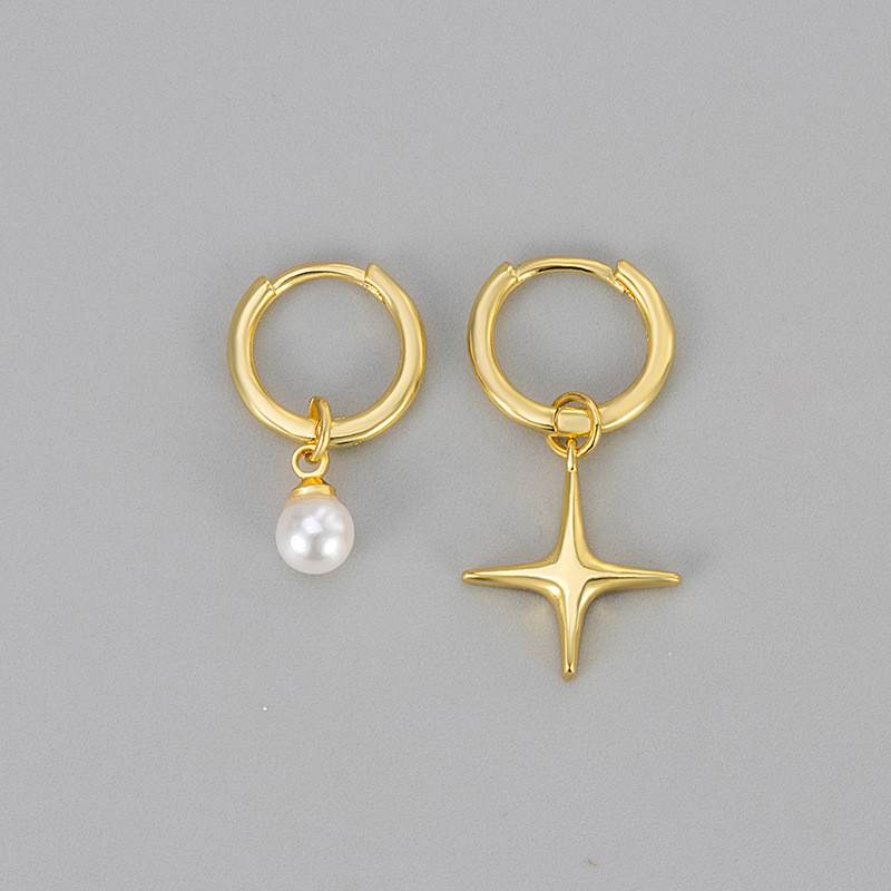 Asymmetric Four-Pointed Star Hoop Earrings for Women, Niche Design, High-End Feel, Simple and Exquisite Fashion, Versatile and Popular Export Jewelry