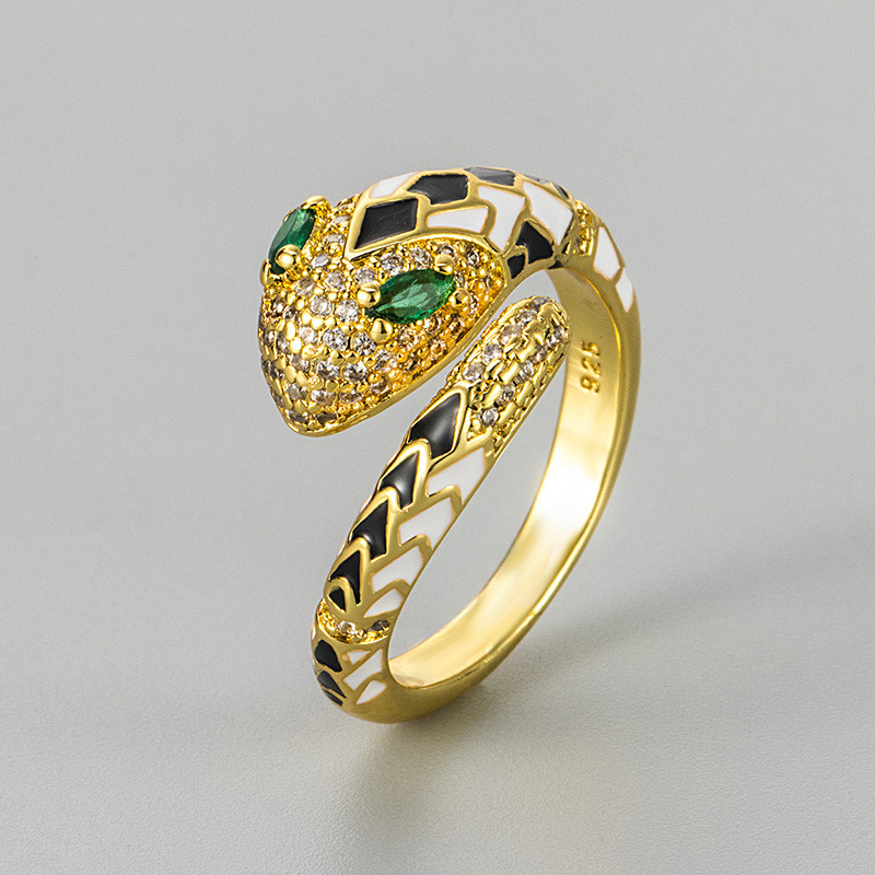 New Cross-Border Niche Personality High-End Index Finger Ring Micro Inlaid Zircon Oil Drip Snake Shape Open Ring Women's Jewelry