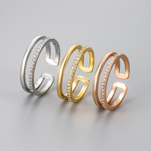 European and American Cross-Border Diamond-Encrusted Geometric Ring for Women, Simple Design, Niche Daily Versatile Double-Layer Open Index Finger Ring