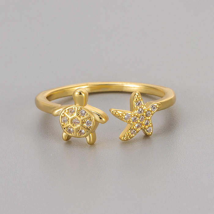 New Niche Design Turtle Starfish Ring Beach Fresh Cute Animal Adjustable Open Ring with Stone-Inlaid for Women