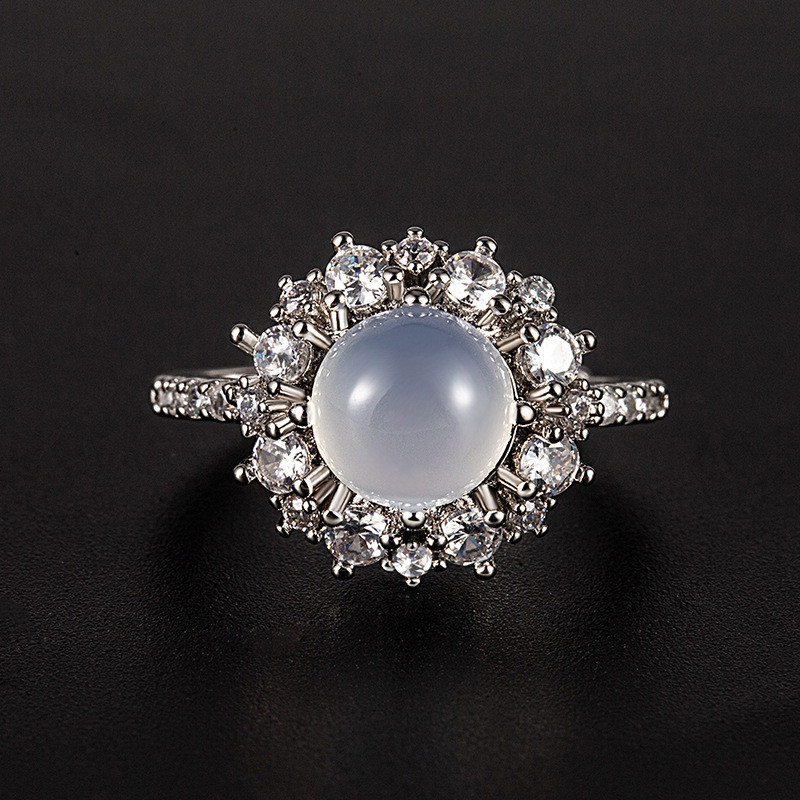 White Chalcedony Ring for Women, Niche Design, Light Luxury, High-End Feel, Adjustable Round Surface Index Finger Ring, 2024 New Hot Item