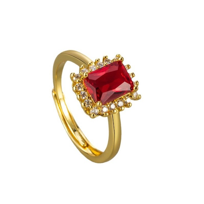Cross-Border Hot-Selling Square Colorful Zircon Ring for Women, Elegant Versatile Adjustable Open Vintage Design Index Finger Ring