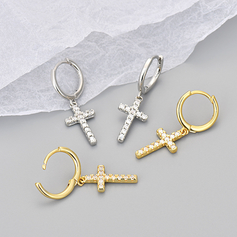 European and American Cross-border Cross Earrings for Women with Zirconia, Simple and Versatile Hoop Earrings, Hot-selling Wholesale Fashion Jewelry
