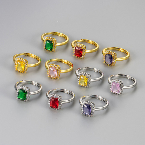 Cross-Border Hot-Selling Square Colorful Zircon Ring for Women, Elegant Versatile Adjustable Open Vintage Design Index Finger Ring